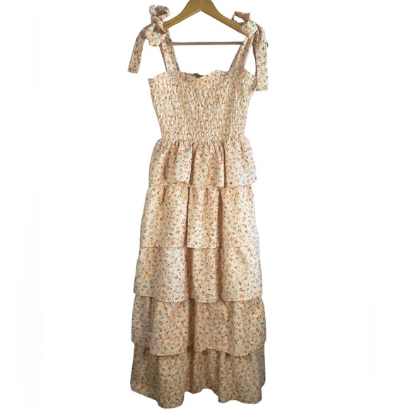 Just Me Cottagecore Fairy Floral Tiered Maxi Dress Smocked Tie Straps Small - Picture 6 of 12